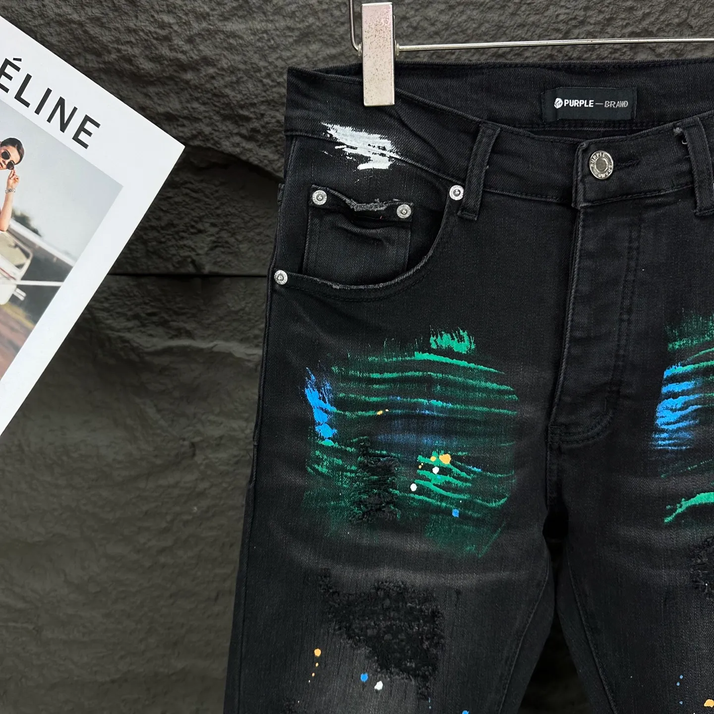 PURPLE BRAND 2026 New Arrival splash-ink hand-painted frayed couples style washed stretch jeans High version High version Top ceiling Quality Styles with different washed textures are very friendly to people with thin legs and thick legs. The straight and slim version is very flattering to the leg shape. Moderate length that never goes out of style, easy to match with casually, basic styling for various styles, a must-have in the wardrobe! The fabric is stiff but also makes the upper body soft without losing texture. The washing process is even more perfect. It is a must-have item for everyone! ! ! Washed wheat, hang tag, pants label, three labels complete Color: Black Size: 28, 30, 32, 34, 36 (five sizes)
